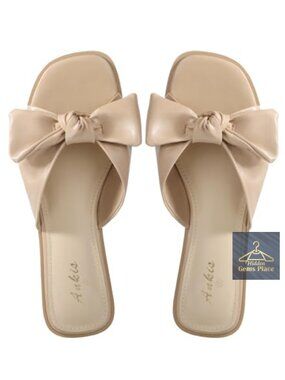 PU Leather Bow Flat Sandals, Square Open Toe Dressy Slides